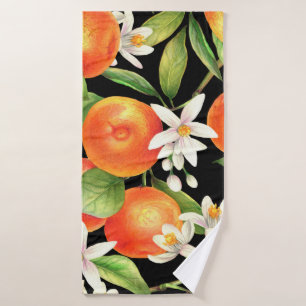 Seamless pattern with orange fruits, flowers and l bath towel