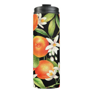 Seamless pattern with orange fruits, flowers and l thermal tumbler