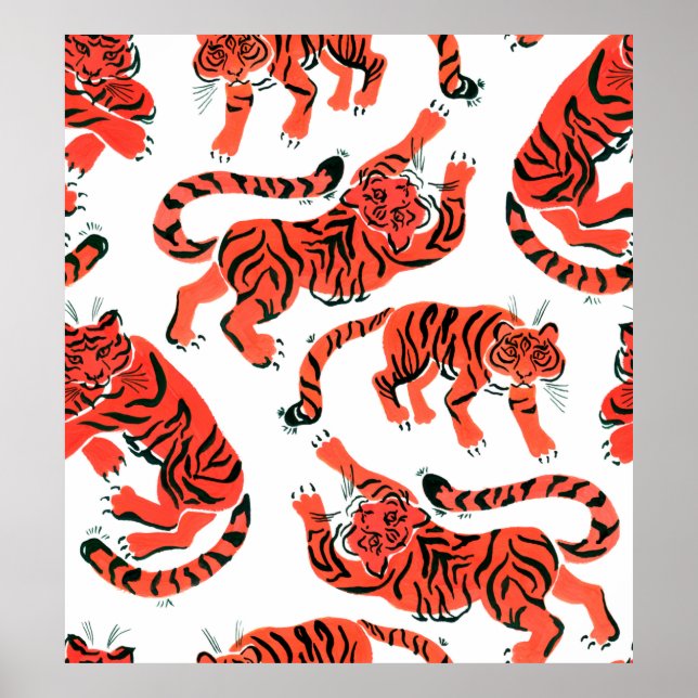 Seamless pattern with painted in gouache tigers in poster (Front)