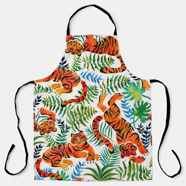 Seamless pattern with painted in watercolor tigers apron (Front)