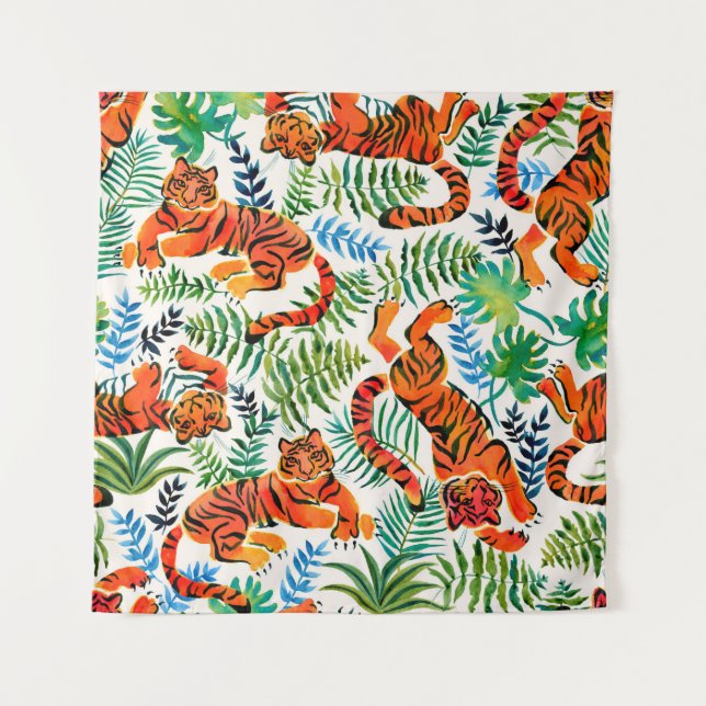 Seamless pattern with painted in watercolor tigers tapestry (Front)