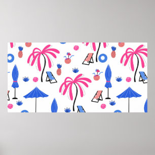 Seamless pattern with palm trees pineapples coconu poster