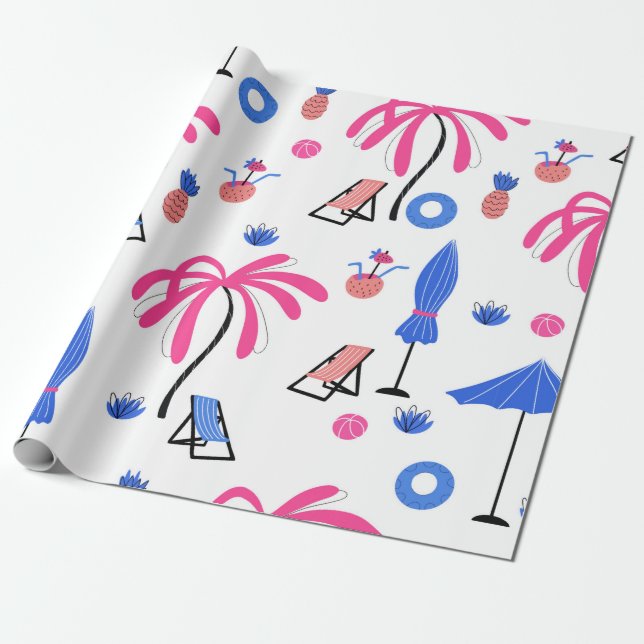 Seamless pattern with palm trees pineapples coconu wrapping paper (Unrolled)