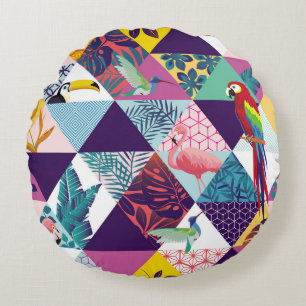 seamless pattern with Parrot, Toucans, Hummingbird Round Cushion
