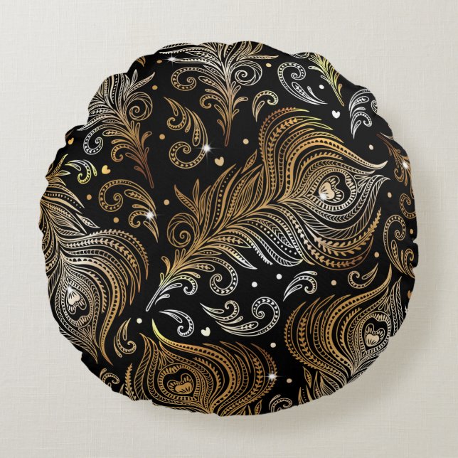 Seamless pattern with peacock feathers. Freehand d Round Cushion (Front)