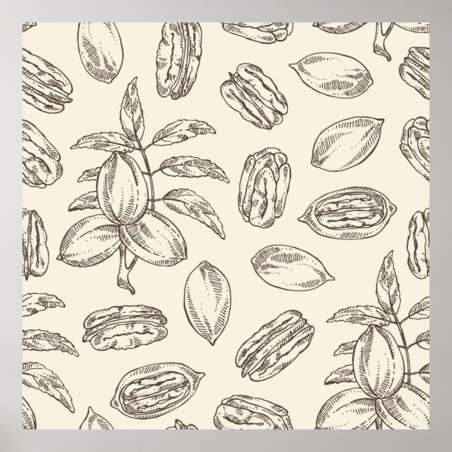 Seamless pattern with pecan: pecan nuts and leaves poster (Front)