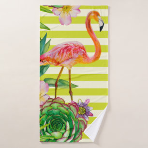 seamless pattern with pink flamingo and exotic tr bath towel
