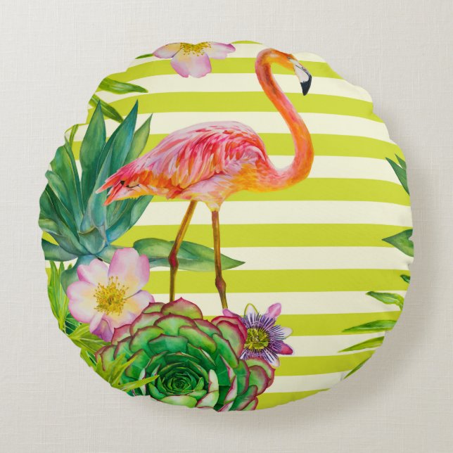  seamless pattern with pink flamingo and exotic tr round cushion (Front)