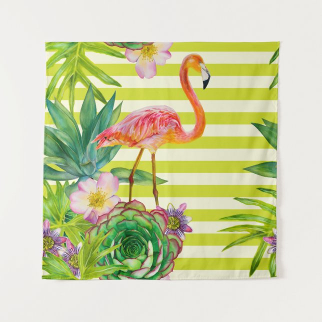  seamless pattern with pink flamingo and exotic tr tapestry (Front)