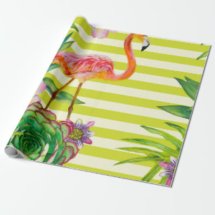 seamless pattern with pink flamingo and exotic tr wrapping paper