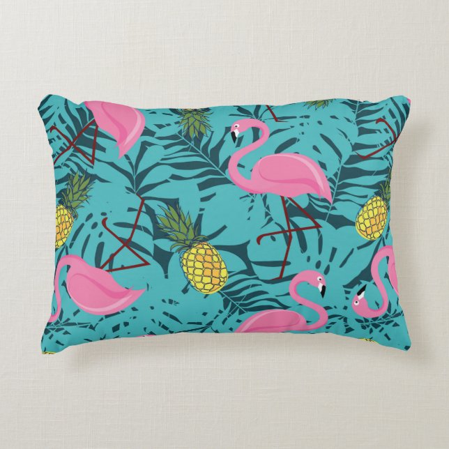 Seamless pattern with pink flamingos and green pal decorative cushion (Front)