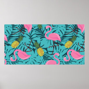 Seamless pattern with pink flamingos and green pal poster
