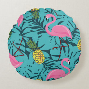 Seamless pattern with pink flamingos and green pal round cushion