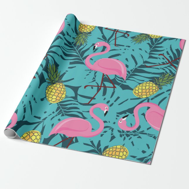 Seamless pattern with pink flamingos and green pal wrapping paper (Unrolled)