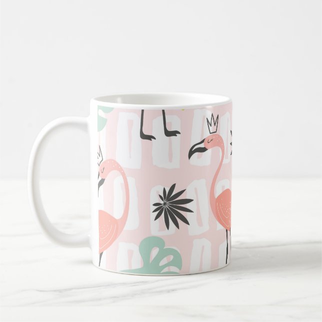 Seamless pattern with pink flamingos and palm leav coffee mug (Left)