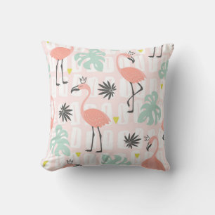 Seamless pattern with pink flamingos and palm leav cushion