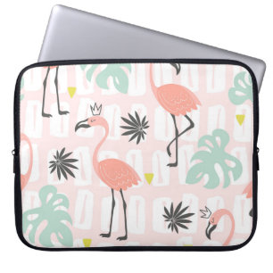 Seamless pattern with pink flamingos and palm leav laptop sleeve