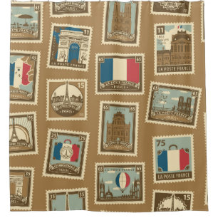 seamless pattern with postage stamps on theme of  shower curtain