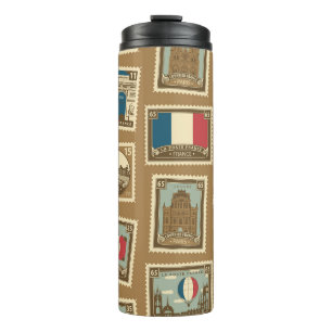 seamless pattern with postage stamps on theme of thermal tumbler