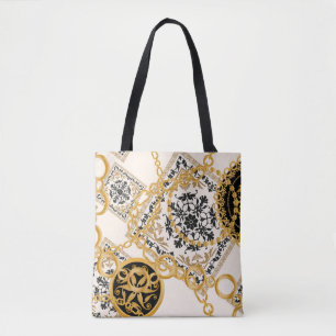 Seamless pattern with precious stones gold chains tote bag