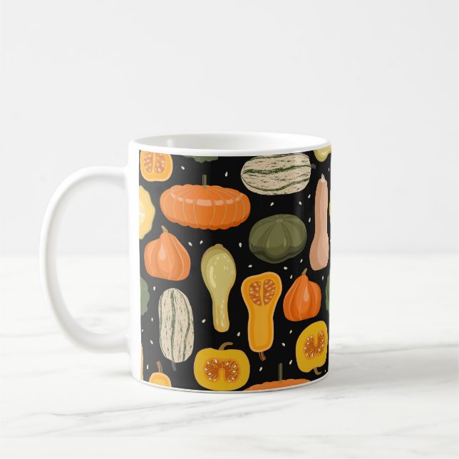Seamless pattern with pumpkin and squash varieties coffee mug (Left)