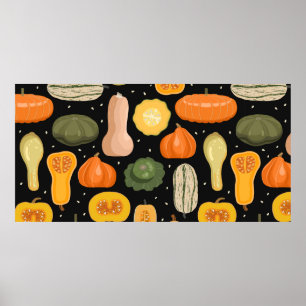 Seamless pattern with pumpkin and squash varieties poster