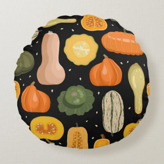 Seamless pattern with pumpkin and squash varieties round cushion