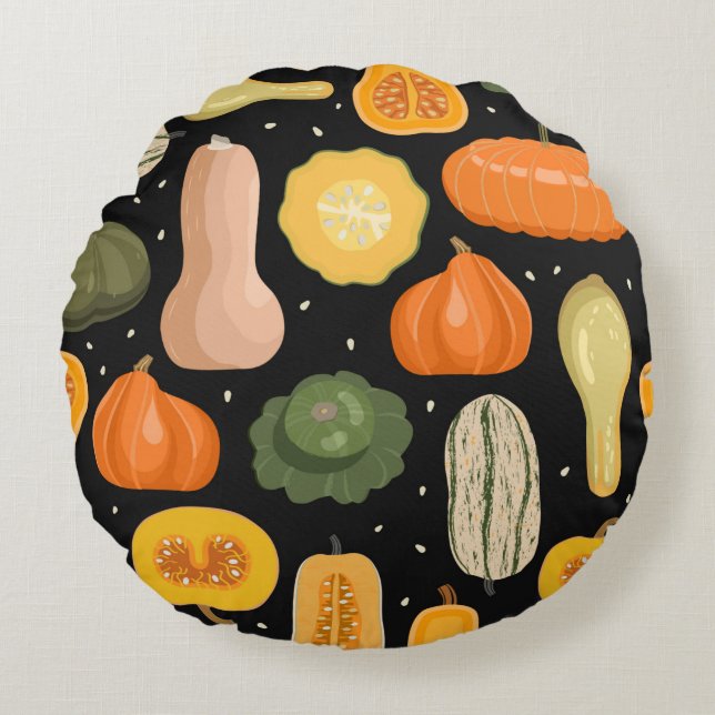 Seamless pattern with pumpkin and squash varieties round cushion (Front)
