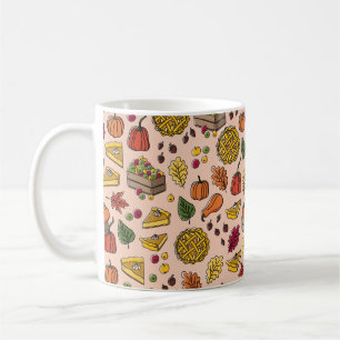 Seamless pattern with pumpkin pie, apple pie, and coffee mug