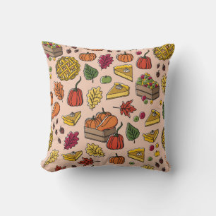 Seamless pattern with pumpkin pie, apple pie, and cushion