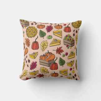 Seamless pattern with pumpkin pie, apple pie, and  cushion