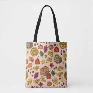 Seamless pattern with pumpkin pie, apple pie, and tote bag
