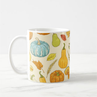 Seamless pattern with pumpkins, autumn leaves, app coffee mug