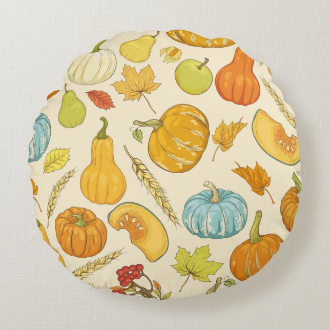 Seamless pattern with pumpkins, autumn leaves, app round cushion (Front)