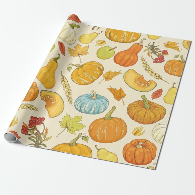 Seamless pattern with pumpkins, autumn leaves, app wrapping paper (Unrolled)