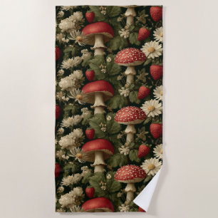 Seamless Pattern with Red Fly Agaric and Flowers Beach Towel
