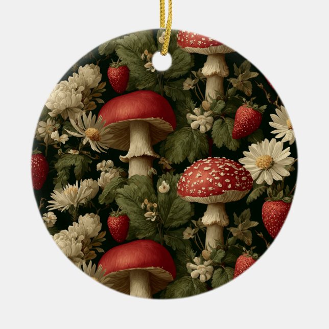Seamless Pattern with Red Fly Agaric and Flowers Ceramic Ornament (Front)