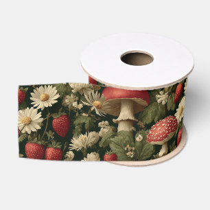 Seamless Pattern with Red Fly Agaric and Flowers Grosgrain Ribbon