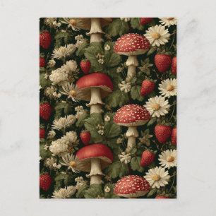Seamless Pattern with Red Fly Agaric and Flowers Postcard