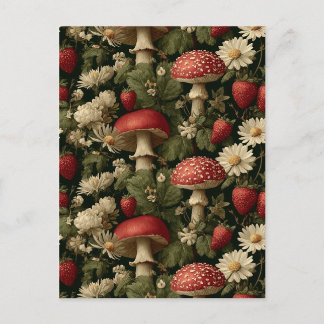 Seamless Pattern with Red Fly Agaric and Flowers Postcard (Front)