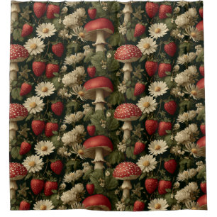 Seamless Pattern with Red Fly Agaric and Flowers Shower Curtain