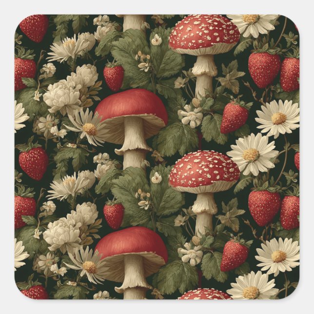 Seamless Pattern with Red Fly Agaric and Flowers Square Sticker (Front)