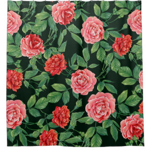 Seamless pattern with red roses flowers. Colored i Shower Curtain
