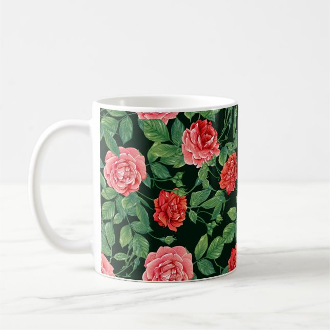 Seamless pattern with red roses flowers. Coloured  Coffee Mug (Left)