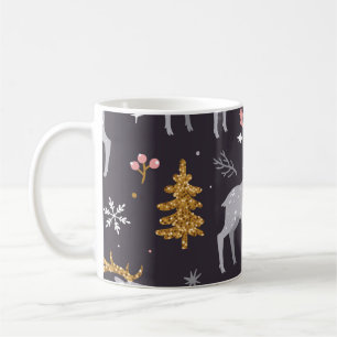 seamless pattern with reindeer, fir trees and sno coffee mug