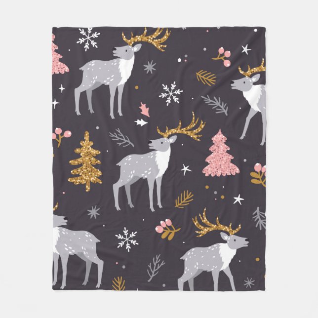  seamless pattern with reindeer, fir trees and sno fleece blanket (Front)
