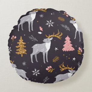 seamless pattern with reindeer, fir trees and sno round cushion