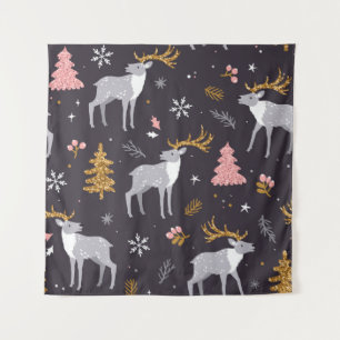  seamless pattern with reindeer, fir trees and sno tapestry