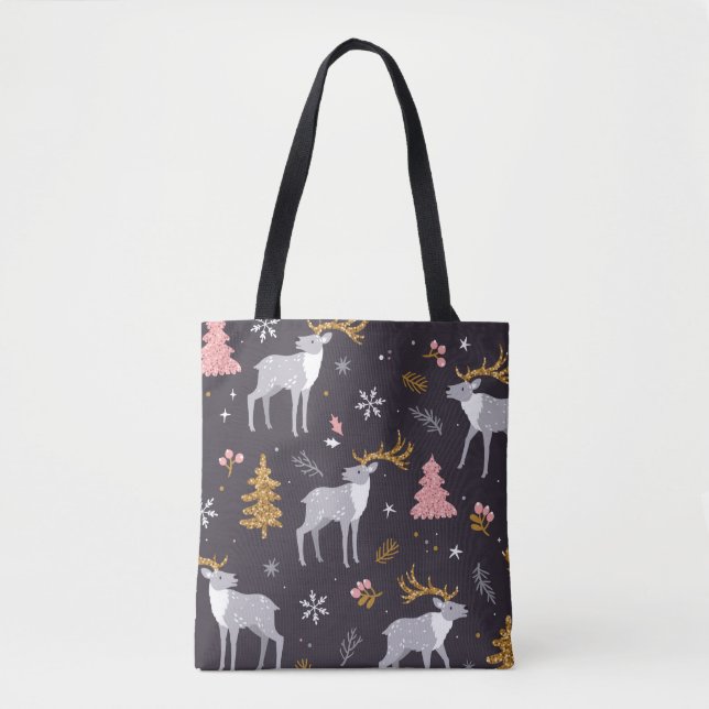  seamless pattern with reindeer, fir trees and sno tote bag (Front)