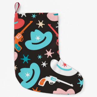 Seamless pattern with revolvers, cowboy hats and s small christmas stocking